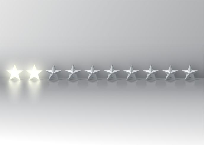 Two-star rating with glowing 3D stars, vector illustration