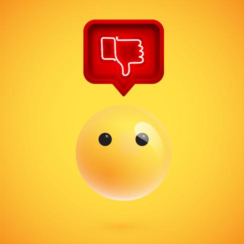 Realistic 3D emoticon with neon glowing dislike sign in a 3D speech bubble, vector illustration