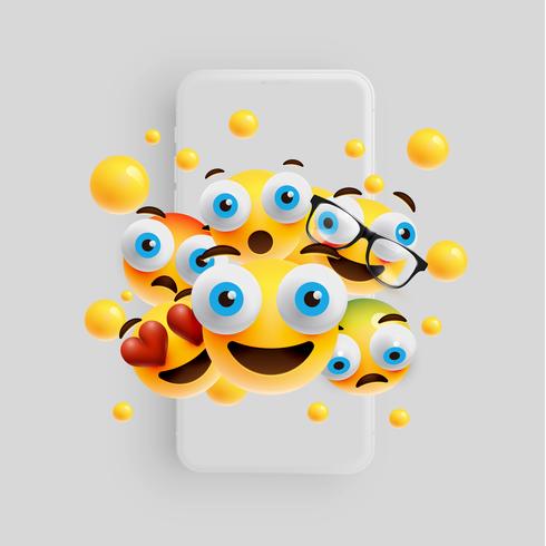 3D y diferentes tipos de emoticonos con smartphone mate, ilustración vectorial vector