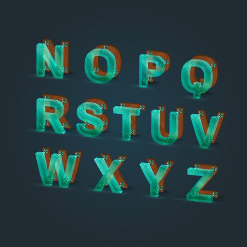 Realsitic glass and wood font set, vector illustration