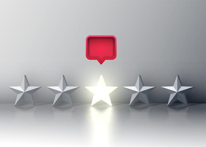 Five-star rating with glowing star and a red speech bubble above, vector illustartion