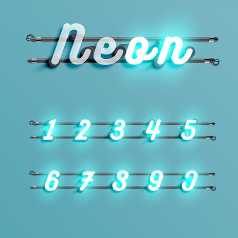 Realistic neon font with wires and console, vector illustration