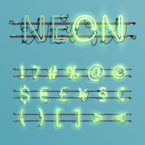 Realistic neon font with wires and console, vector illustration