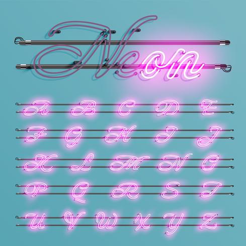 Realistic neon font with wires and console, vector illustration