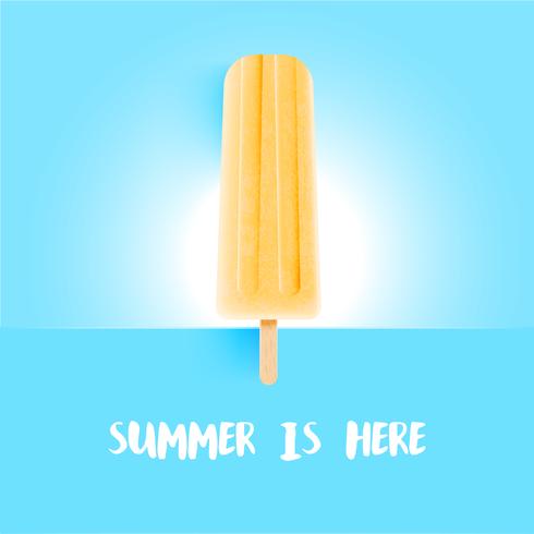 Realistic colorful icecream with 'summer is here' title, vector illustration