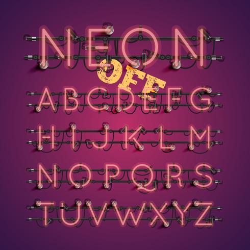 Realistic neon font with wires and console, vector illustration