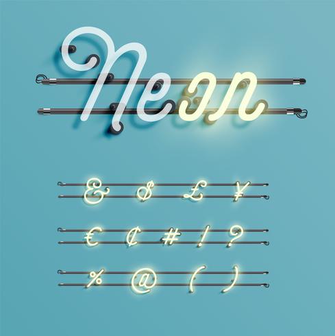 Realistic neon font with wires and console, vector illustration