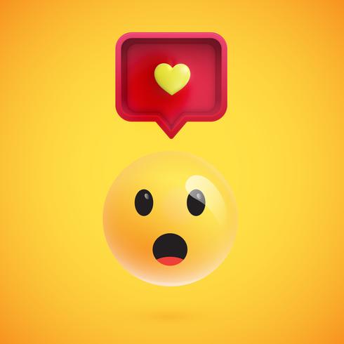 Emoticon divertido en 3D con bocadillo de diálogo en 3D y un corazón, ilustración vectorial vector