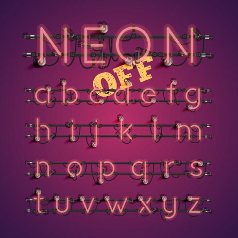 Realistic neon font with wires and console, vector illustration