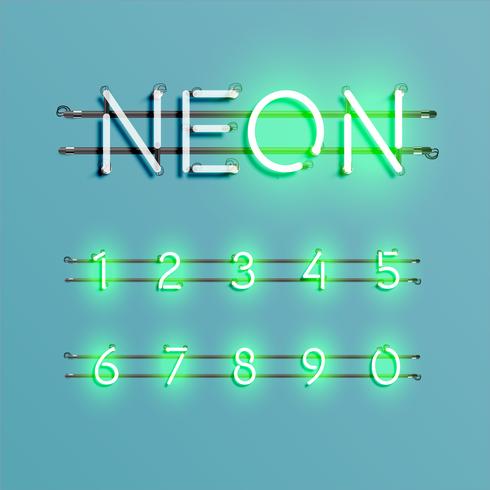 Realistic neon font with wires and console, vector illustration