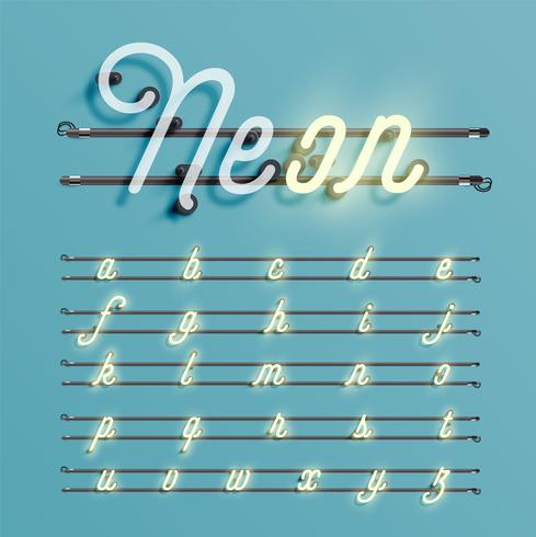 Realistic neon font with wires and console, vector illustration