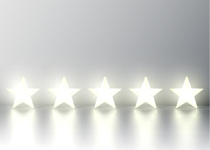 Five 3D yellow glowing star rating on grey background, vector illustration