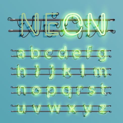 Realistic neon font with wires and console, vector illustration