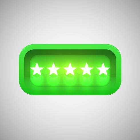 Glowing green star rating in a realistic shiny box, vector illustration