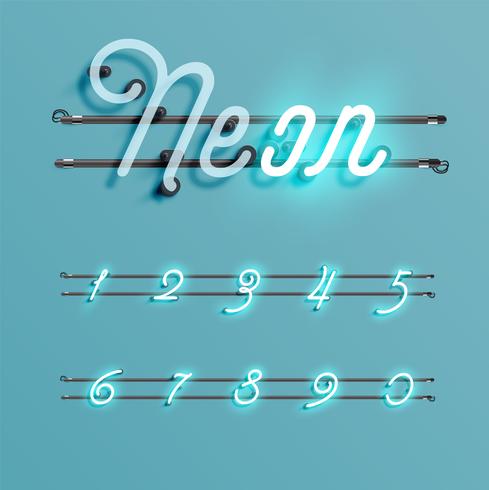 Realistic neon font with wires and console, vector illustration