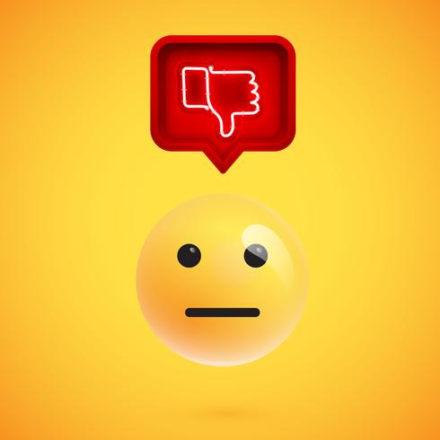 Realistic 3D emoticon with neon glowing dislike sign in a 3D speech bubble, vector illustration