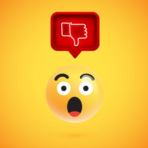 Realistic 3D emoticon with neon glowing dislike sign in a 3D speech bubble, vector illustration