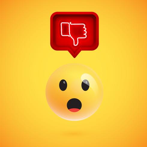 Realistic 3D emoticon with neon glowing dislike sign in a 3D speech bubble, vector illustration