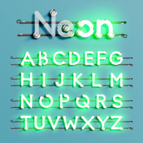 Realistic neon font with wires and console, vector illustration