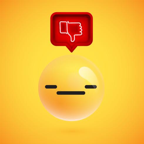 Realistic 3D emoticon with neon glowing dislike sign in a 3D speech bubble, vector illustration