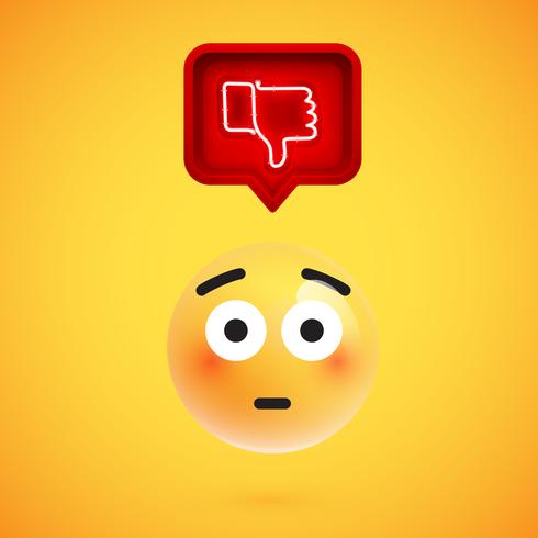 Realistic 3D emoticon with neon glowing dislike sign in a 3D speech bubble, vector illustration