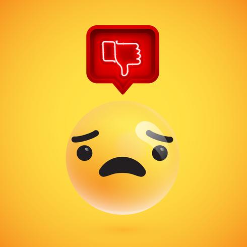 Realistic 3D emoticon with neon glowing dislike sign in a 3D speech bubble, vector illustration