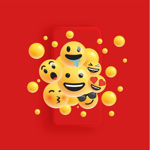 3D and different kinds of emoticons with matte smartphone, vector illustartion