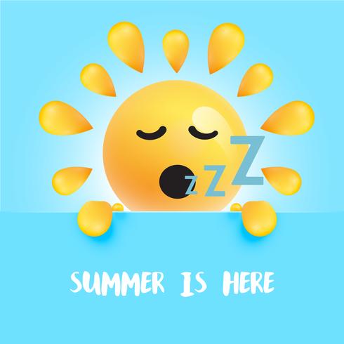 Funny sun-smiley with the title  summer is here, vector illustration