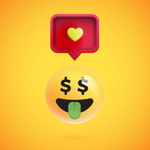 Funny 3D emoticon with 3D speech bubble and a heart, vector illustration