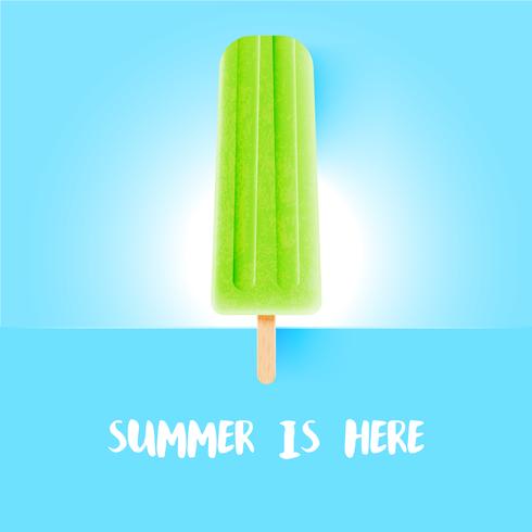 Realistic colorful icecream with 'summer is here' title, vector illustration