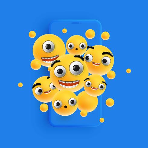 3D y diferentes tipos de emoticonos con smartphone mate, ilustración vectorial vector