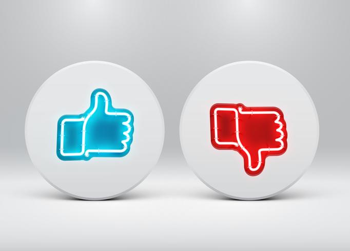 Neon like and dislike buttons, vector illustration