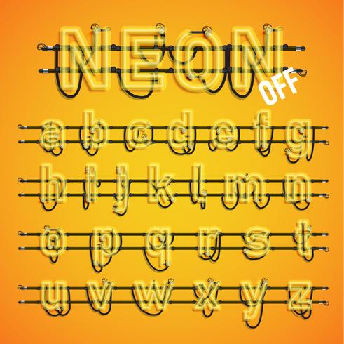 Realistic neon font with wires and console, vector illustration