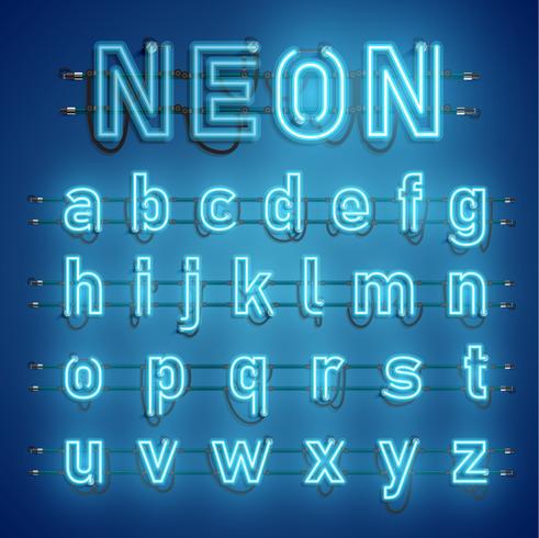 Realistic neon font with wires and console, vector illustration