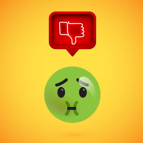 Realistic 3D emoticon with neon glowing dislike sign in a 3D speech bubble, vector illustration