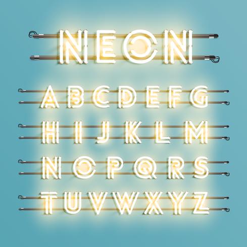 Realistic neon font with wires and console, vector illustration