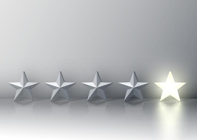 Five-star rating with glowing star and a red speech bubble above, vector illustartion