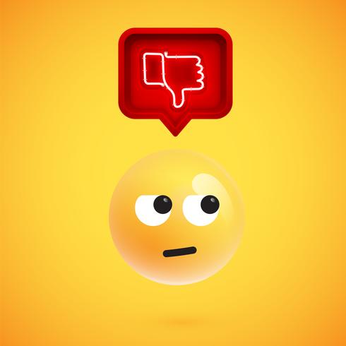Realistic 3D emoticon with neon glowing dislike sign in a 3D speech bubble, vector illustration
