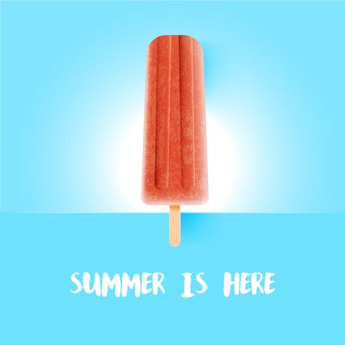 Realistic colorful icecream with 'summer is here' title, vector illustration