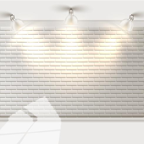 Pared de ladrillo blanco con reflectores, vector