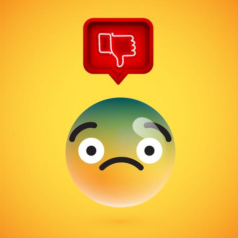 Realistic 3D emoticon with neon glowing dislike sign in a 3D speech bubble, vector illustration