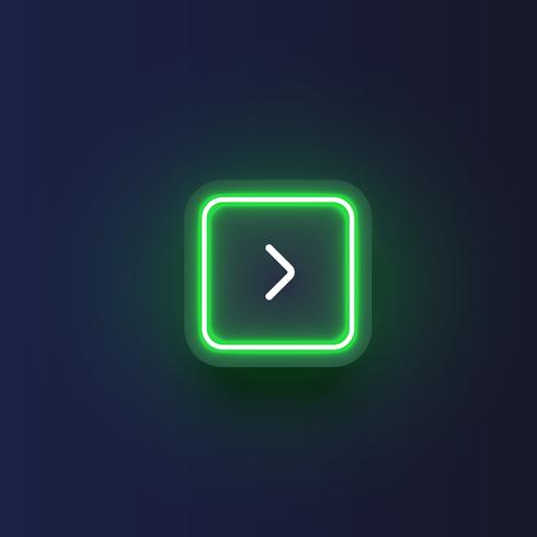 Colorful neon 'next' button with an arrow, vector illustration