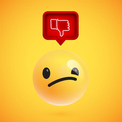 Realistic 3D emoticon with neon glowing dislike sign in a 3D speech bubble, vector illustration