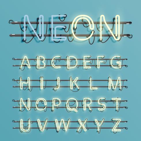 Realistic neon font with wires and console, vector illustration