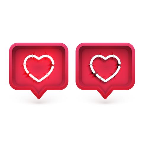 Neon hearts with on and off tubes in 3D speech bubble, vector illustration