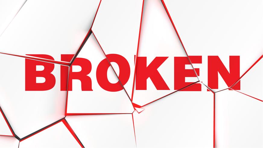 Word of 'BROKEN' on a broken white surface, vector illustration