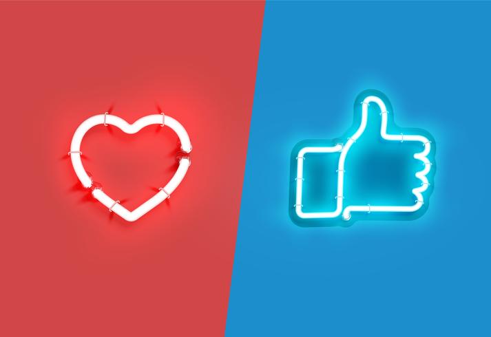 Heart and thumbs up neon signs, vector illustration