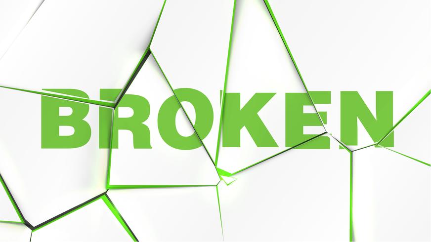 Word of 'BROKEN' on a broken white surface, vector illustration