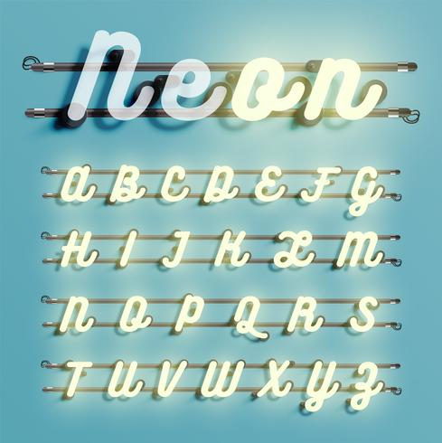 Realistic neon font with wires and console, vector illustration