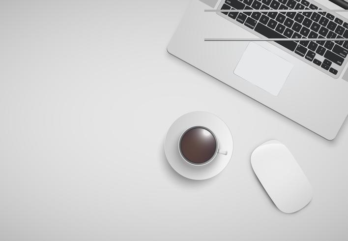 Minimal office with computer, mouse and a cup of coffee, vector illustration